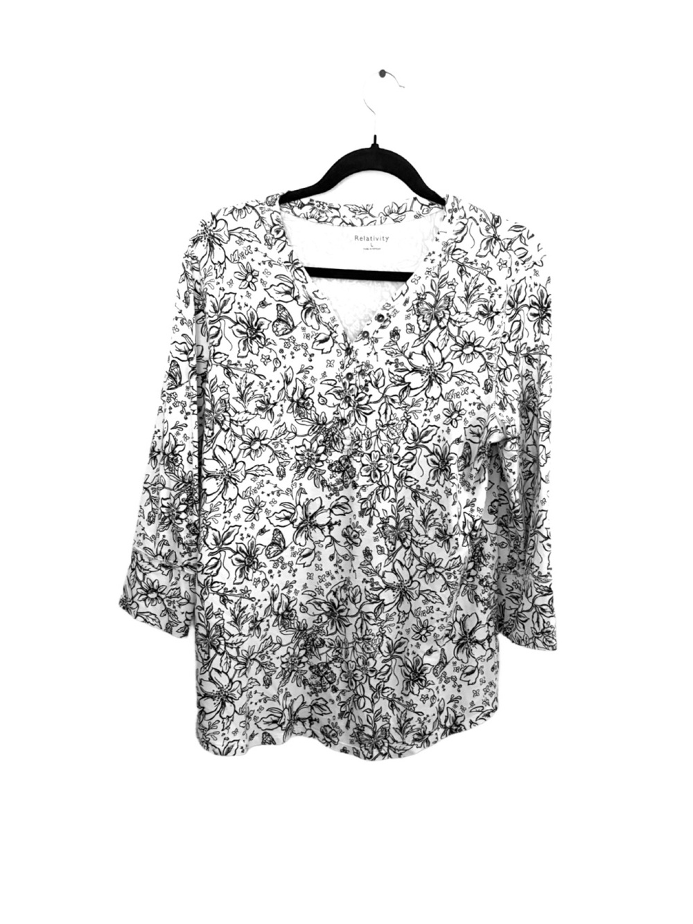 Relativity Black Floral V-Neck Tunic on White